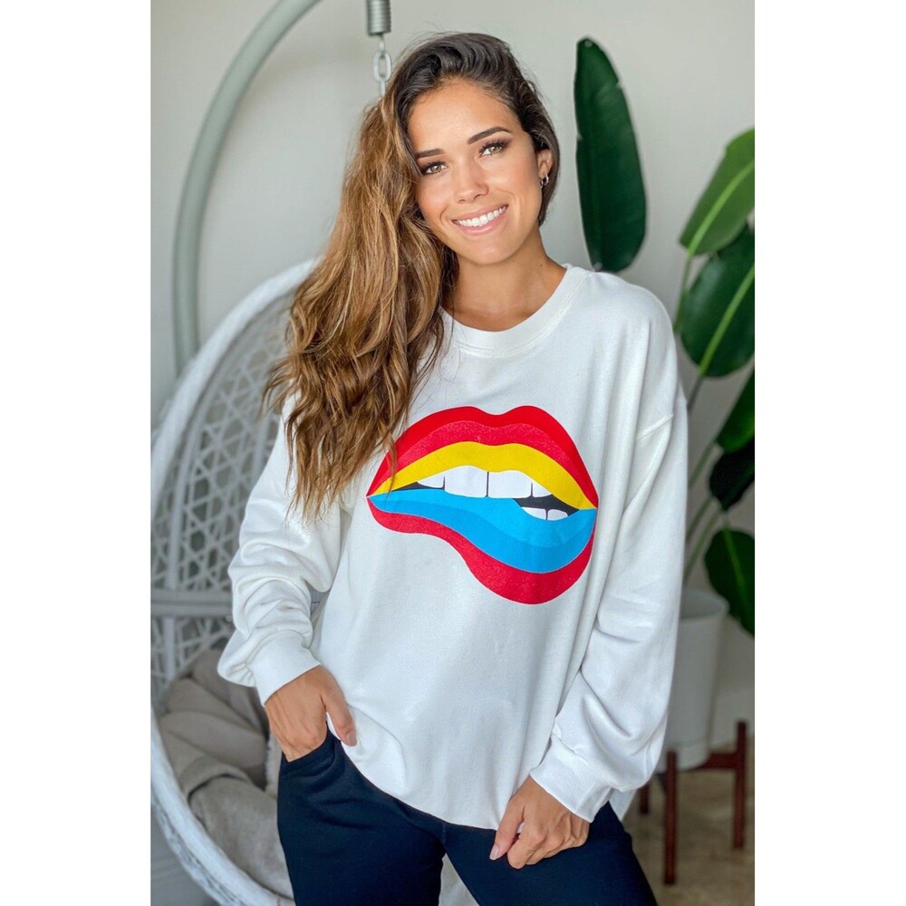 Vtg Oversized Medium Rainbow Biting Lips Pop Graphic CrewNeck Sweatshirt USA